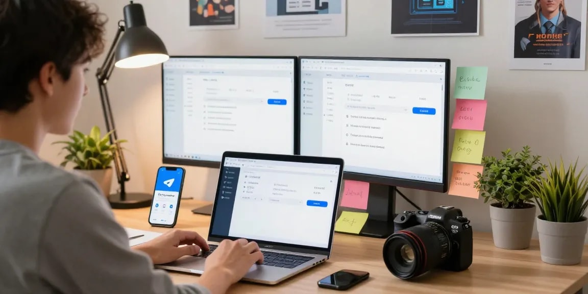 Configuring Telegram Chinese Version in a modern workspace setup, showcasing language settings on laptop and smartphone.