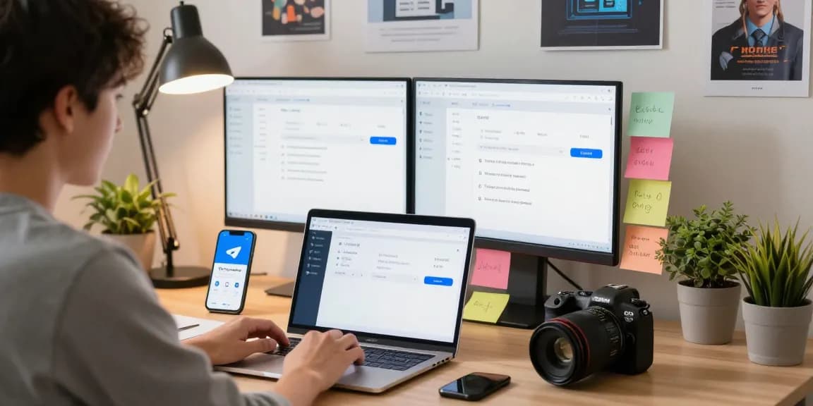 Configuring Telegram Chinese Version in a modern workspace setup, showcasing language settings on laptop and smartphone.
