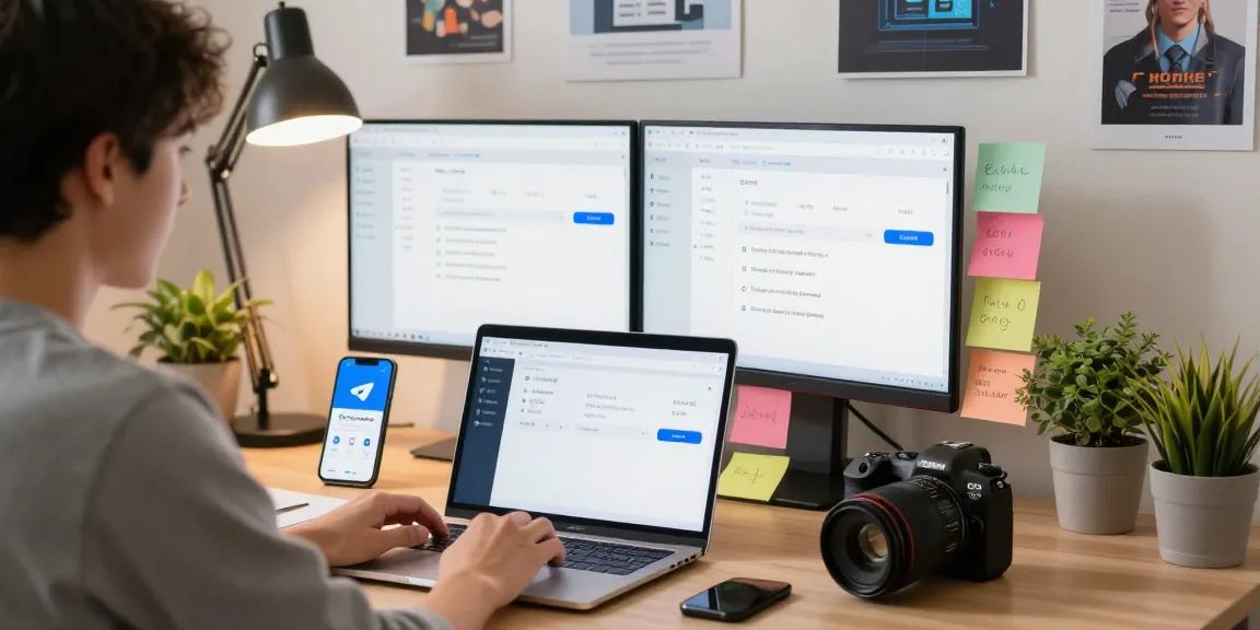 Configuring Telegram Chinese Version in a modern workspace setup, showcasing language settings on laptop and smartphone.