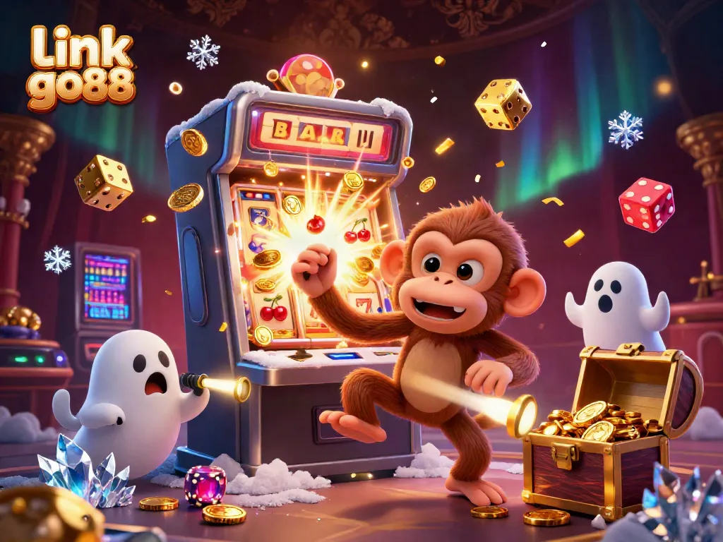 Engaging scene with a playful monkey juggling casino items in a haunted casino, representing link go88.