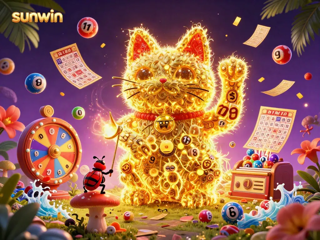Experience the thrill of gaming with sunwin in a vibrant scene packed with dynamic lottery and casino elements.