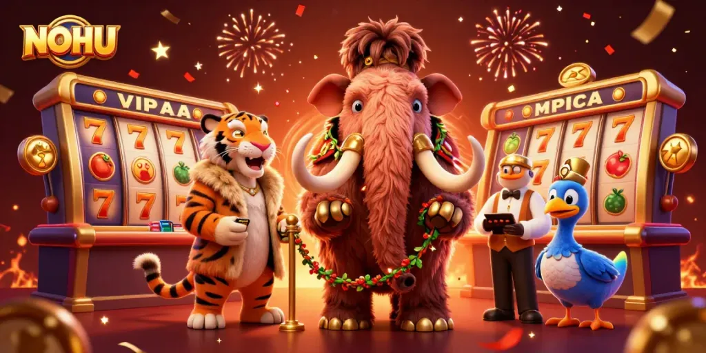 Experience the thrill at NOHU with a vibrant casino illustration featuring exciting game elements.