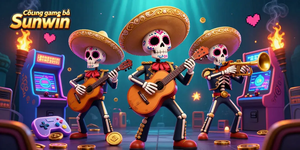 Cổng game bài đổi thưởng Sunwin with a vibrant 3D mariachi band amid colorful arcade games, excitement radiating.