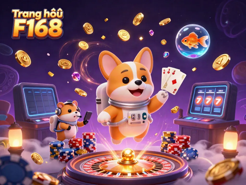 Experience the excitement of Trang chủ F168 as the astronaut corgi interacts with floating casino elements.