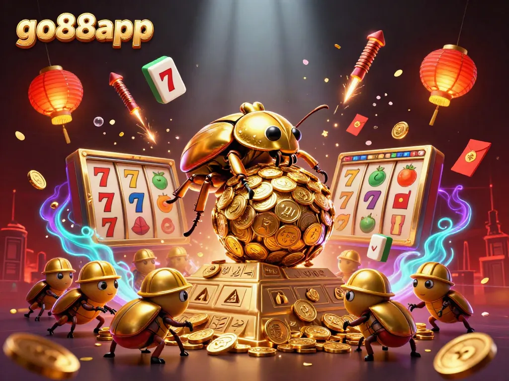 Engage with the dynamic scene at go88app featuring a golden beetle rolling coins amidst a vibrant casino atmosphere.
