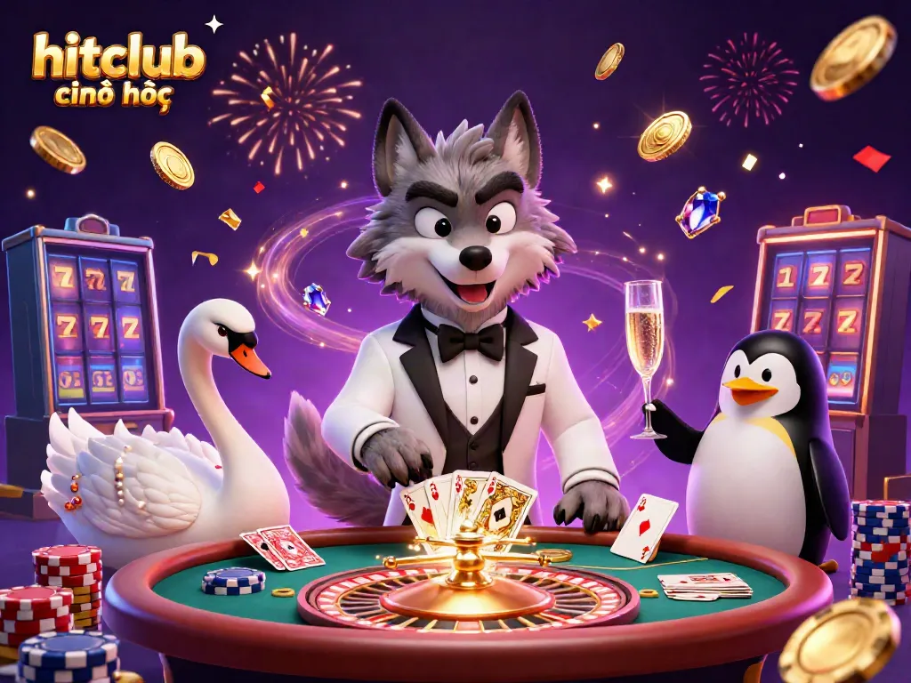 Experience the excitement of hitclub chính thức with 3D characters at the baccarat table, surrounded by casino elements.