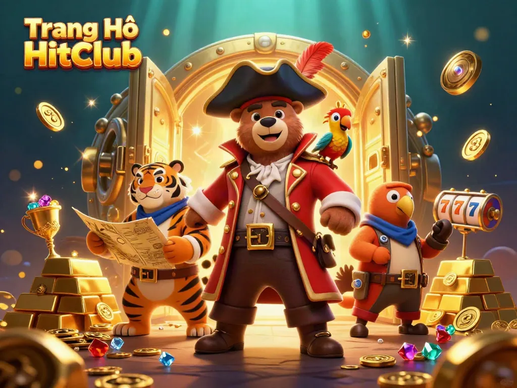 Join the adventure on Trang Chủ HitClub with our pirate bear and friends amid dazzling treasure and slot reels.