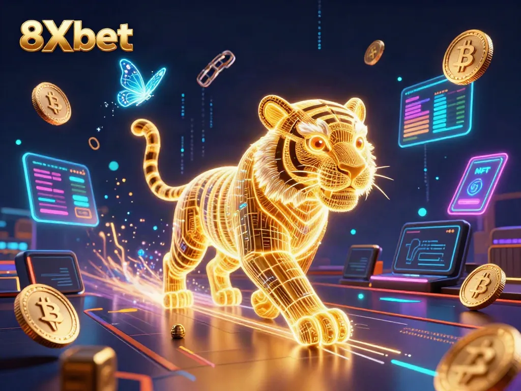 Experience thrilling gameplay with 8Xbet in a neon casino filled with digital wonders and crypto elements.