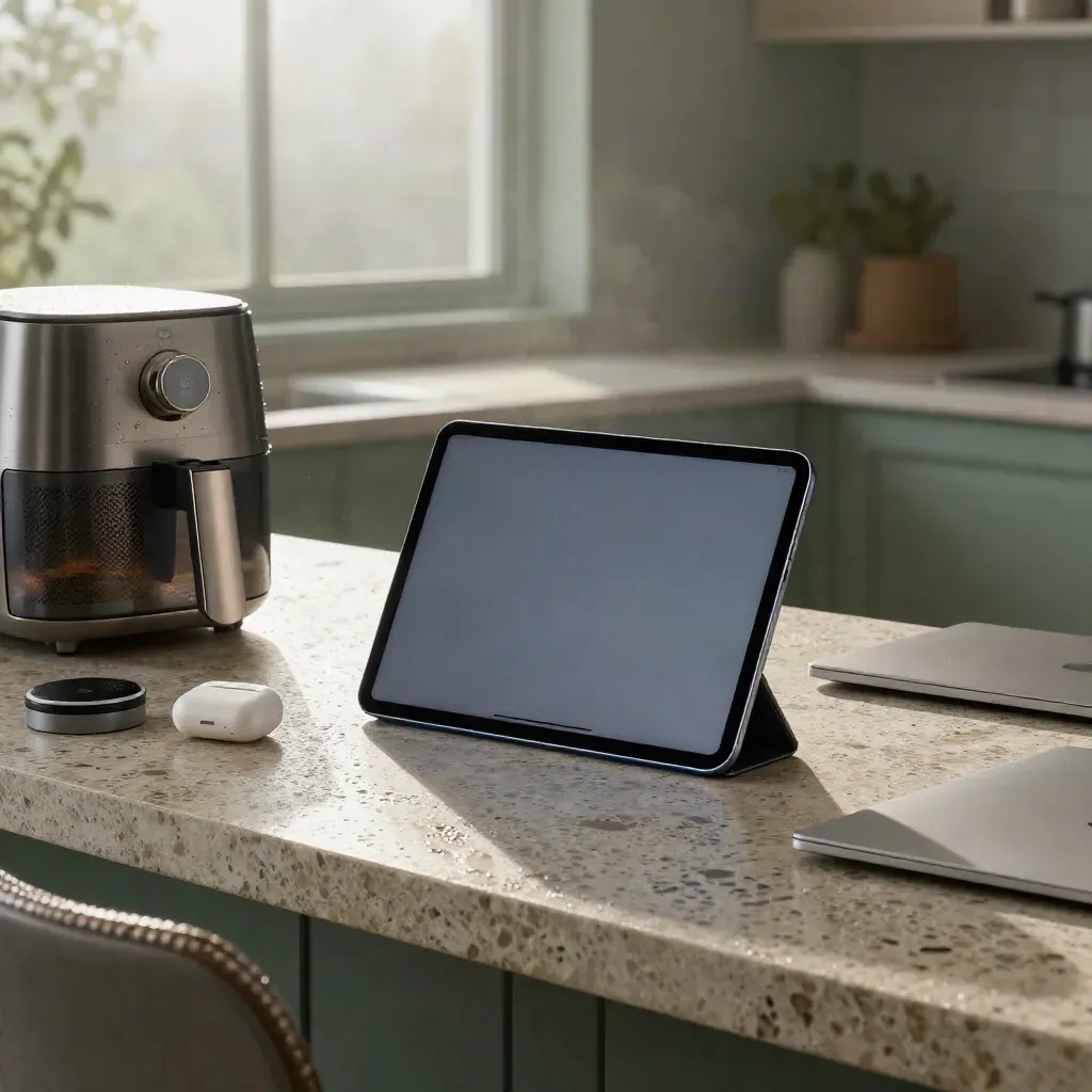 Tablet op stenen sokkel met airfryer, thermostaat, oordopjescase en laptop in mistig ochtendlicht