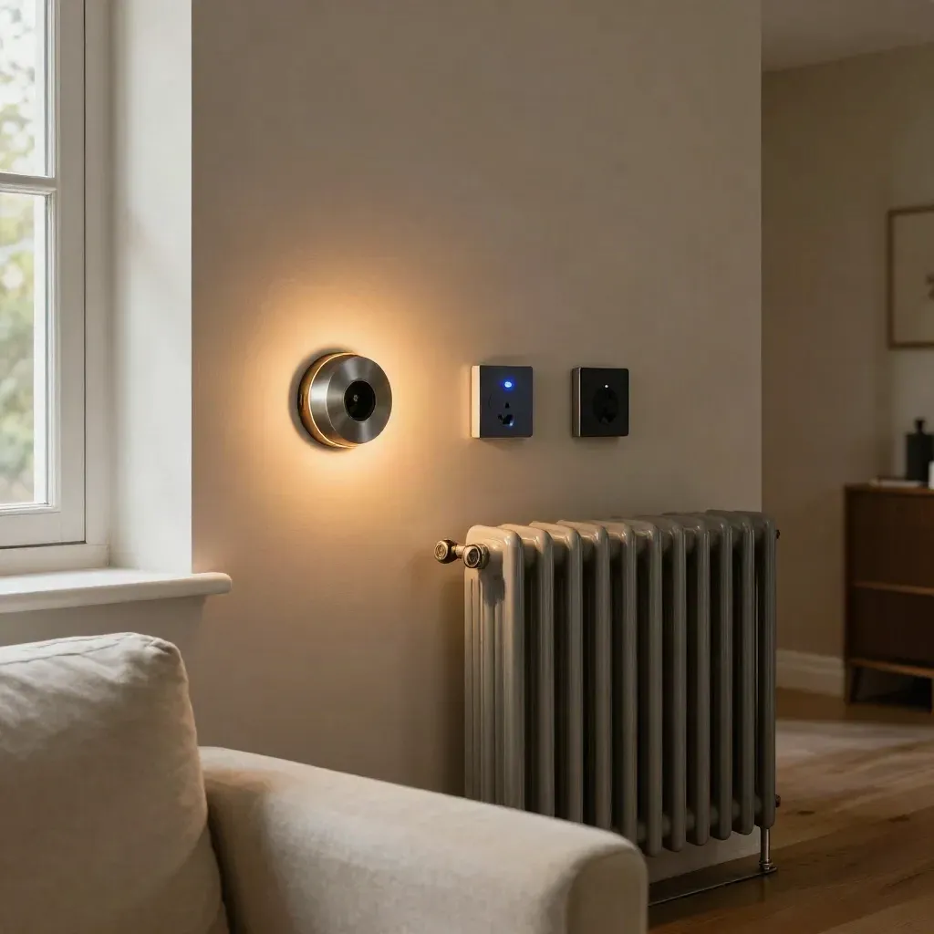 Thermostaat, lamp, slimme stekker en radiator in een rustige woonkamer bij avondlicht.