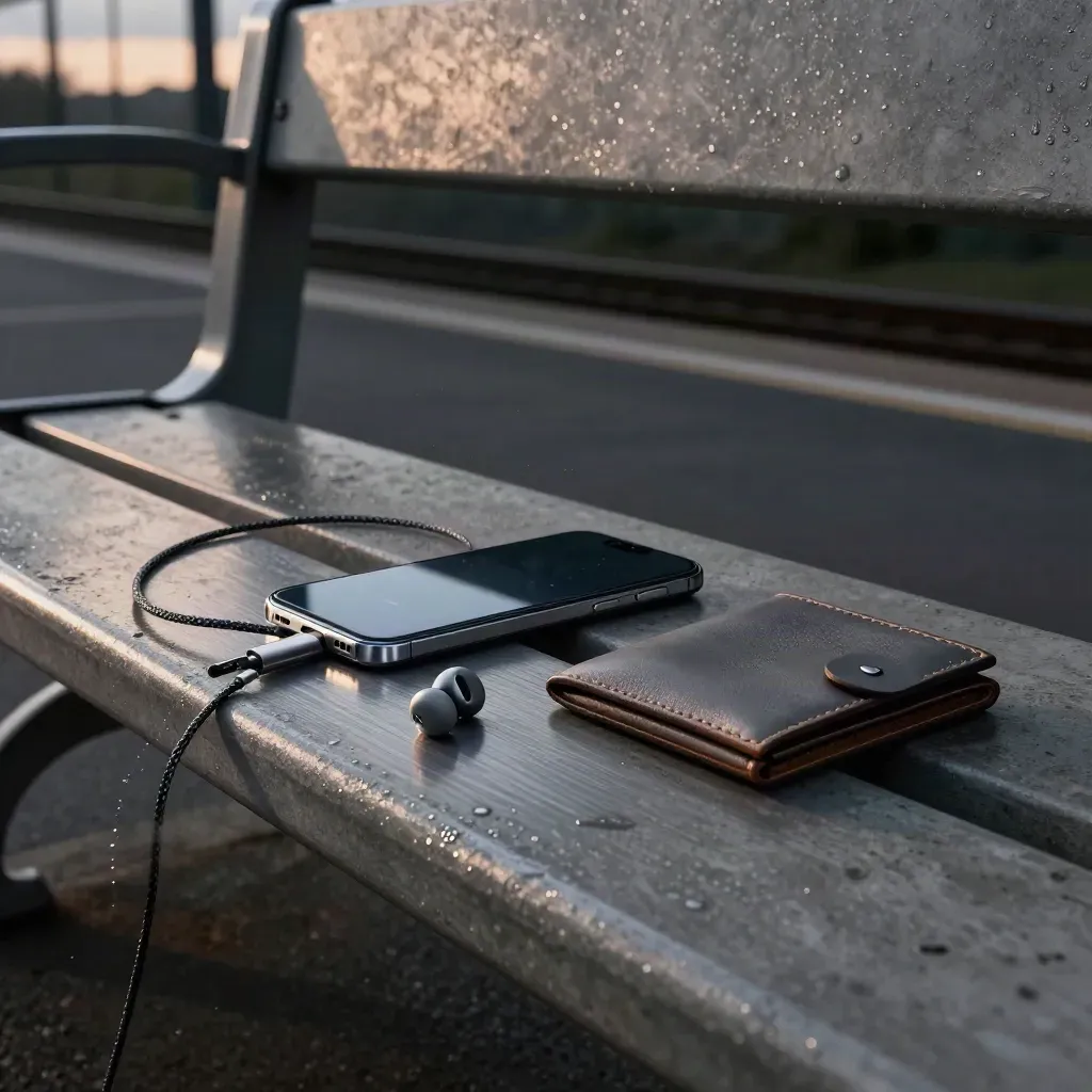 Smartphone, oordopjes, kabel en OV-portemonnee op een leeg stationsbankje in schemer en regen.