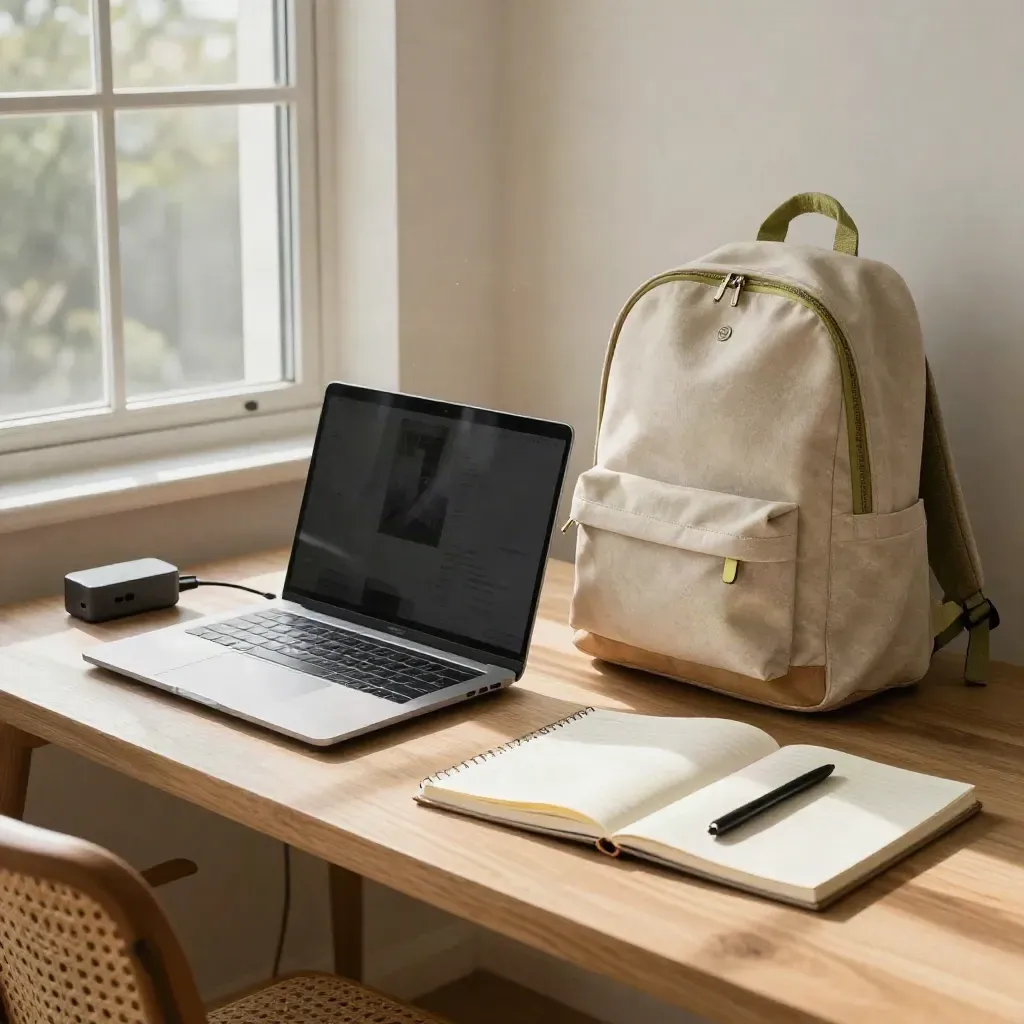 Schoolspullen met laptop, oplader, notitieboek en rugzak in warm ochtendlicht.