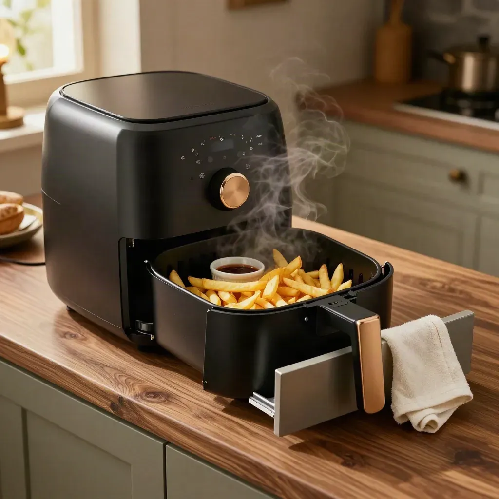 Airfryer met friet, saus en stoom op een warme keukenbank met theedoek.