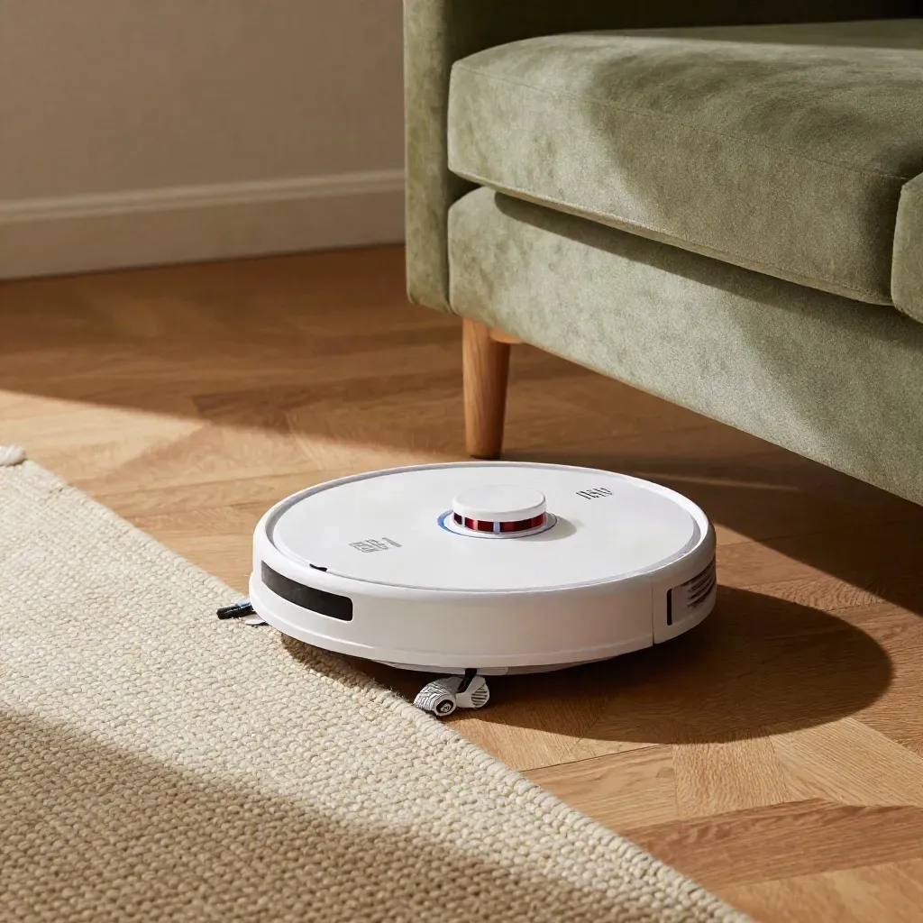 Robotstofzuiger draait onder de bank langs stoelpoten en een pluk huisdierhaar op het kleed.