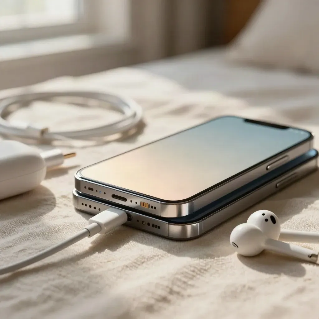Smartphones, simkaart-trays, kabel en oortjes op een linnen bed, met zacht schermlicht.