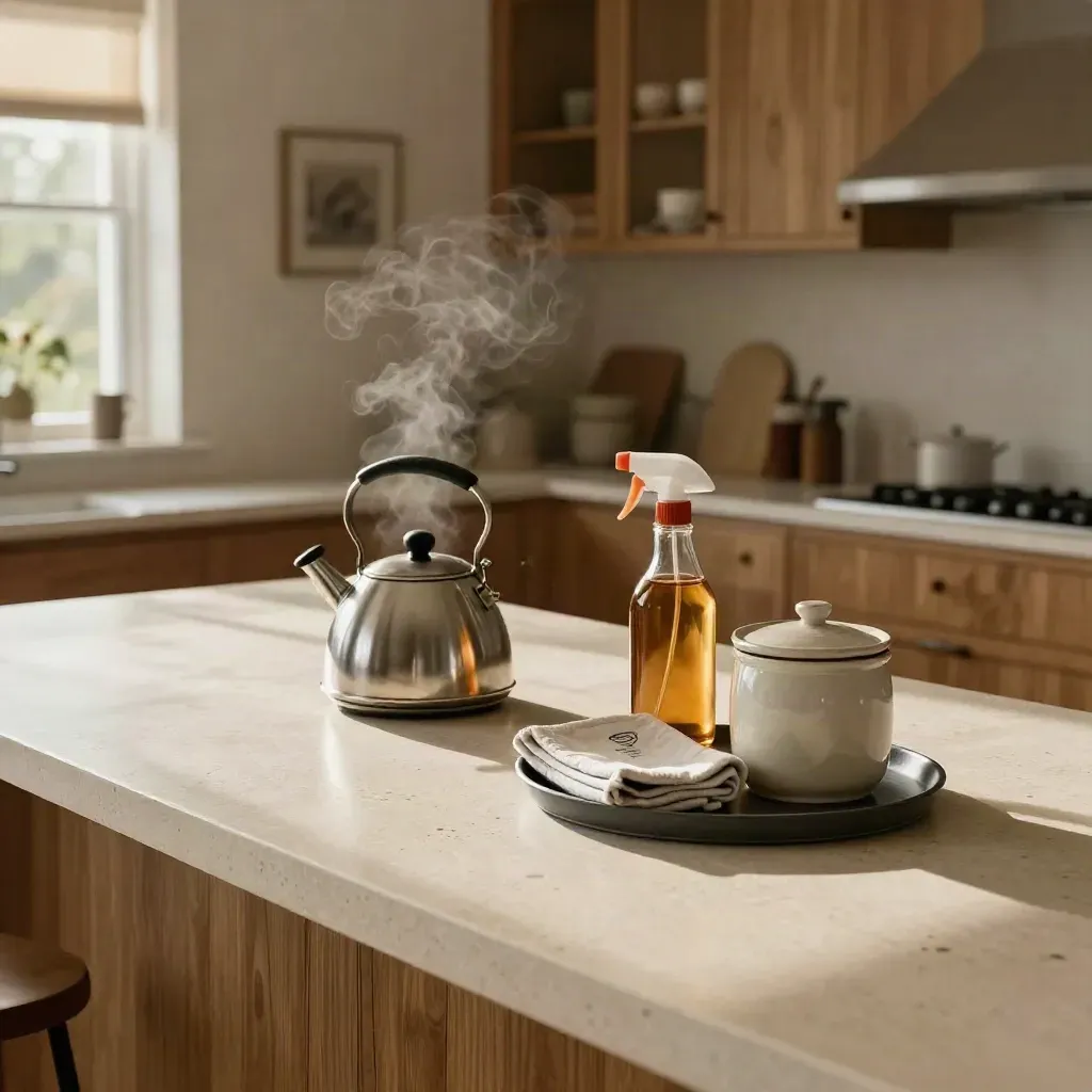 Keukenblad met waterkoker, spray en voorraadpot in warm ochtendlicht.
