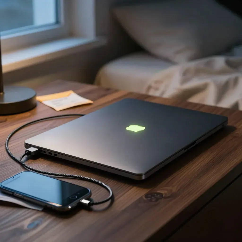 Gesloten laptop, telefoon met limegloed, oplaadsnoer en kassabon-envelop op nachtkastje in zacht nachtlicht.
