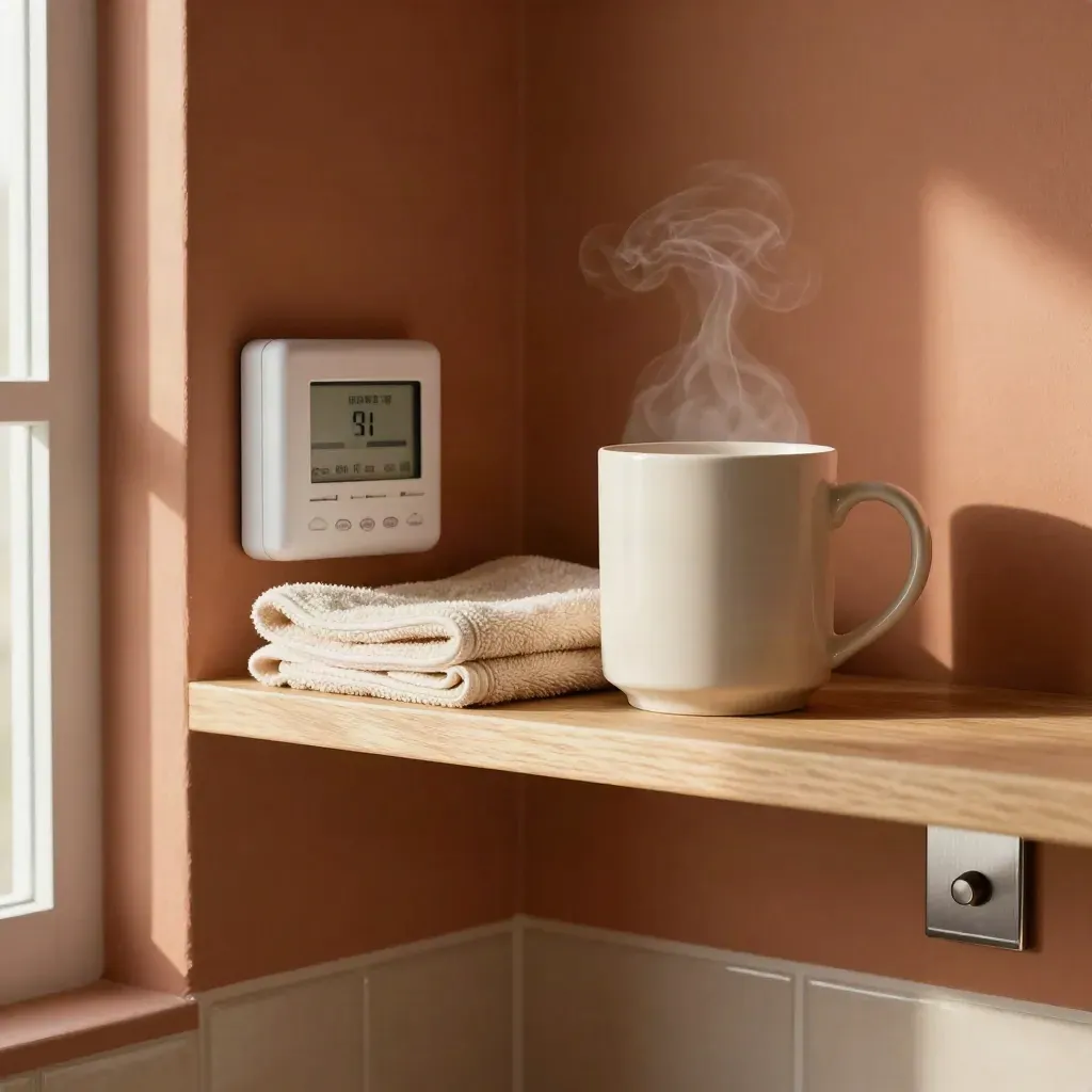 Thermostaat, gevouwen handdoek, mok en plank in warm ochtendlicht