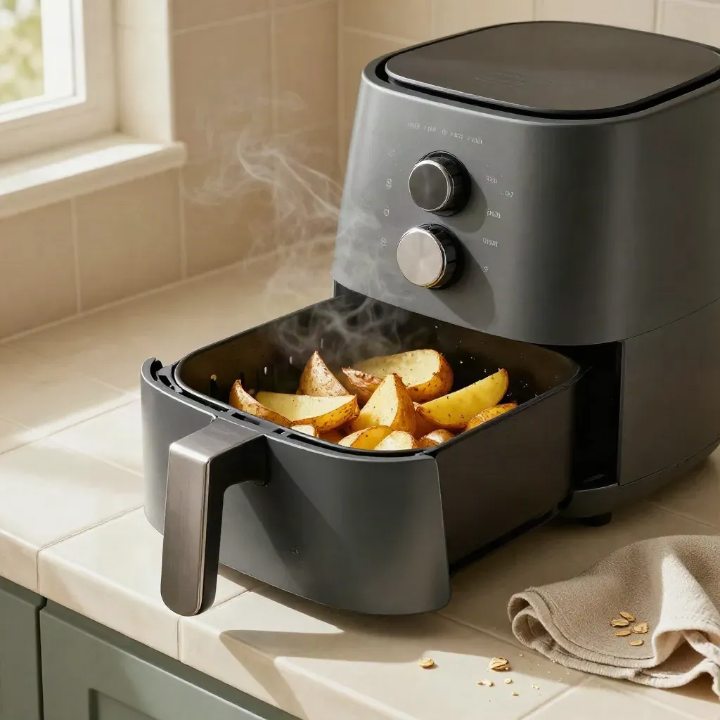 Compacte airfryer met aardappelwedges en linnen doek op een betegeld aanrecht, met opstijgende stoom.