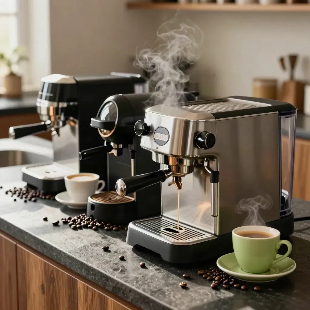 Drie koffiemachines naast bonen en twee kopjes op een donkere stenen keukenbank met warme stoom.