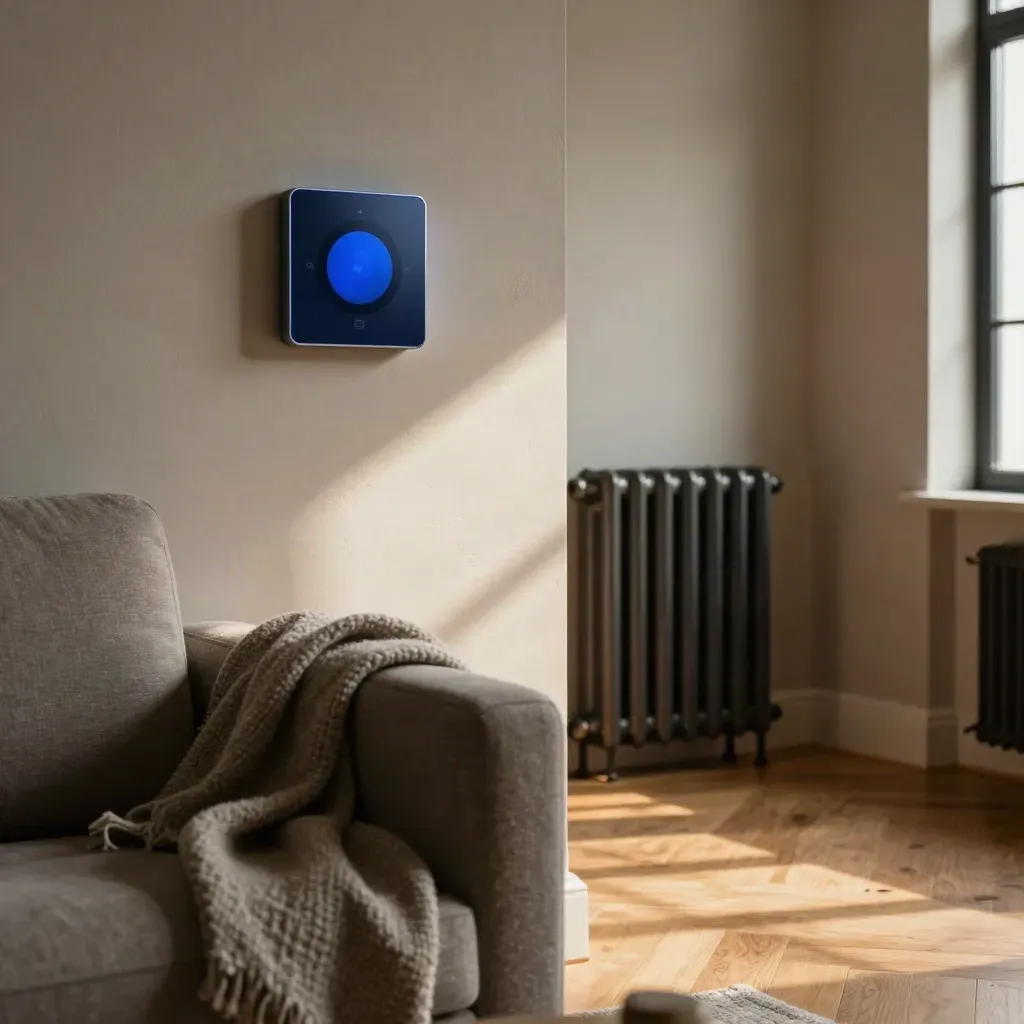 Slimme thermostaat aan de woonkamerwand met radiator, wollen plaid en lampvoet in warm avondlicht.