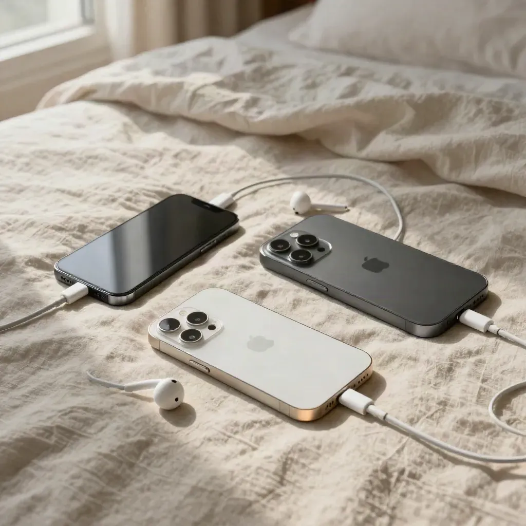 Drie smartphones met kabels en oortjes op een linnen bedsprei, van budget tot topmodel.