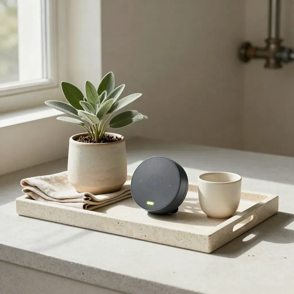 Smart thermostaat op stenen tray met plantje, doek en beker in zacht daglicht