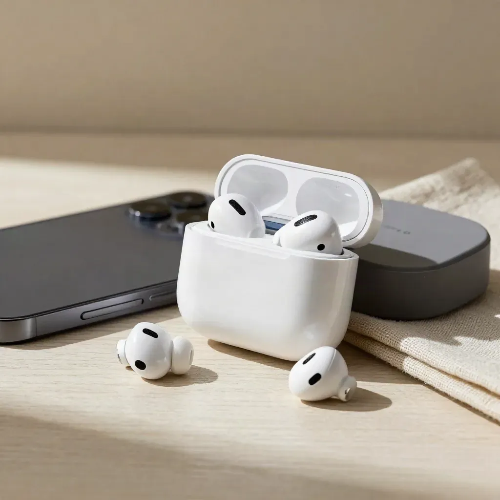 Oortjes in open case naast telefoon, oplaadpuck en doek op lichte houten ondergrond.