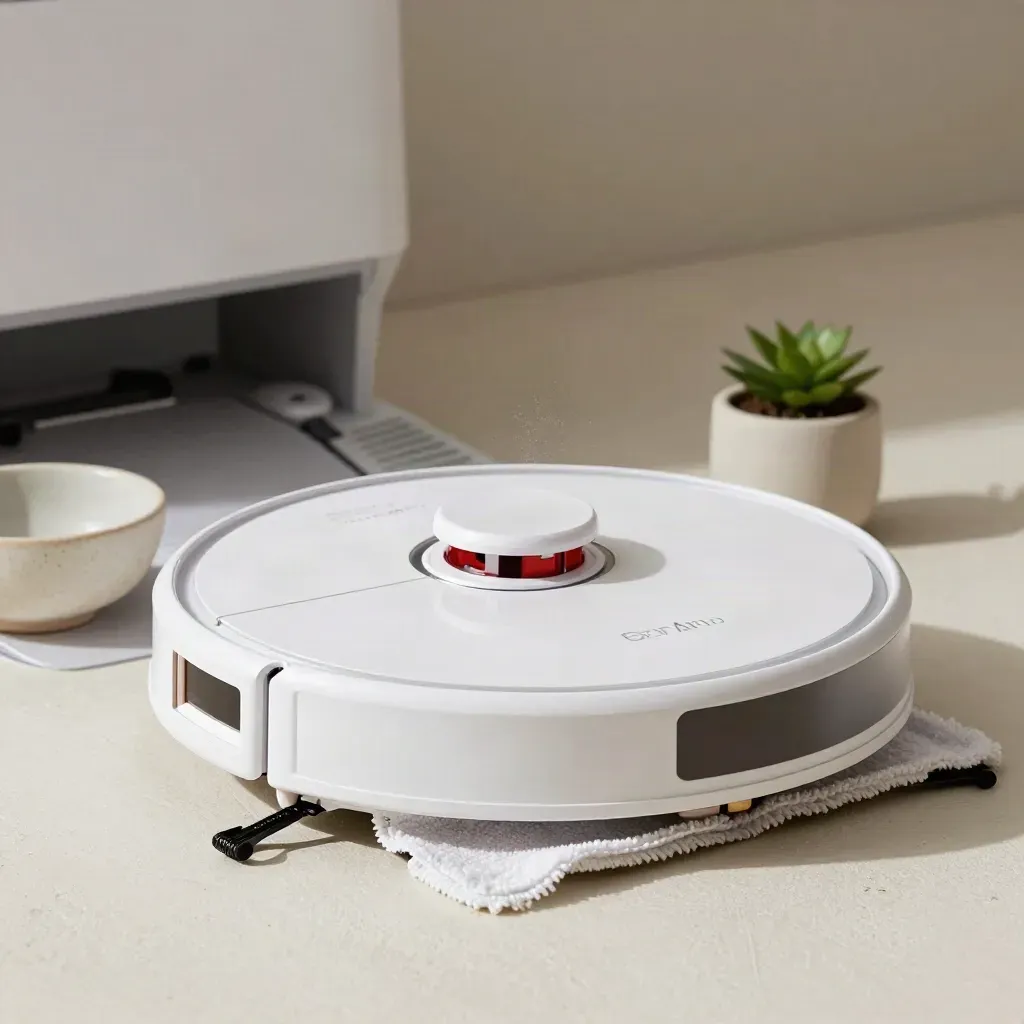 Robotstofzuiger in het dock met microvezeldoek, plantje en keramische schaal op lichte steen.