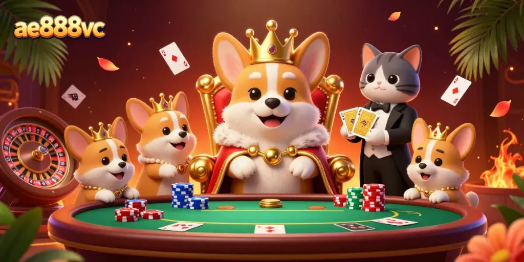 Engage with ae888vc’s vibrant casino world, featuring a royal corgi and characters amidst dynamic gaming elements.