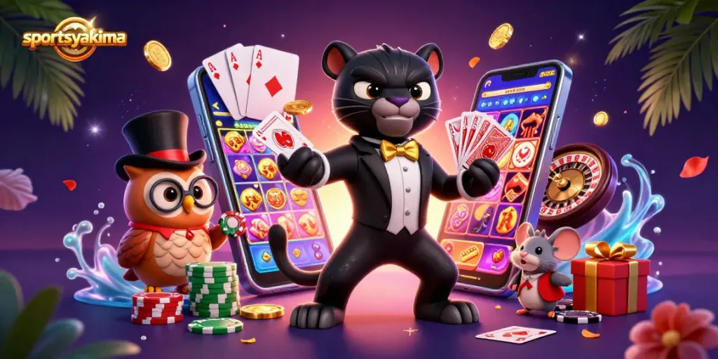 Engage in thrilling casino play at sportsyakima with a stylish panther dealer and charming owl.