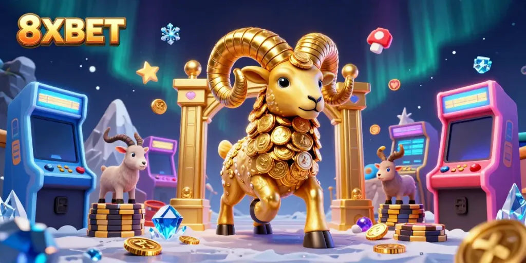 Experience thrilling gaming adventures with 8XBET's vibrant golden ram amidst colorful casino elements.