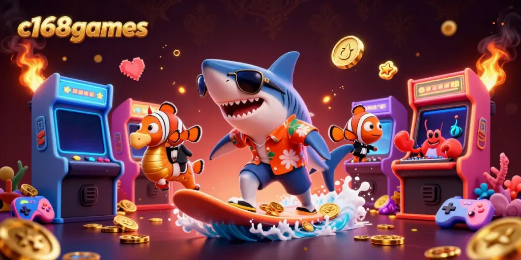Engage with thrilling casino adventures at c168games featuring animated shark and vibrant game elements.