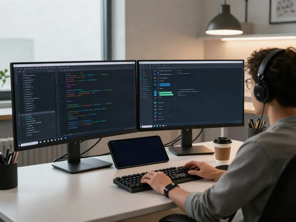 Pikashow APK archive workspace with developer using dual monitors for coding and app management in a modern office.