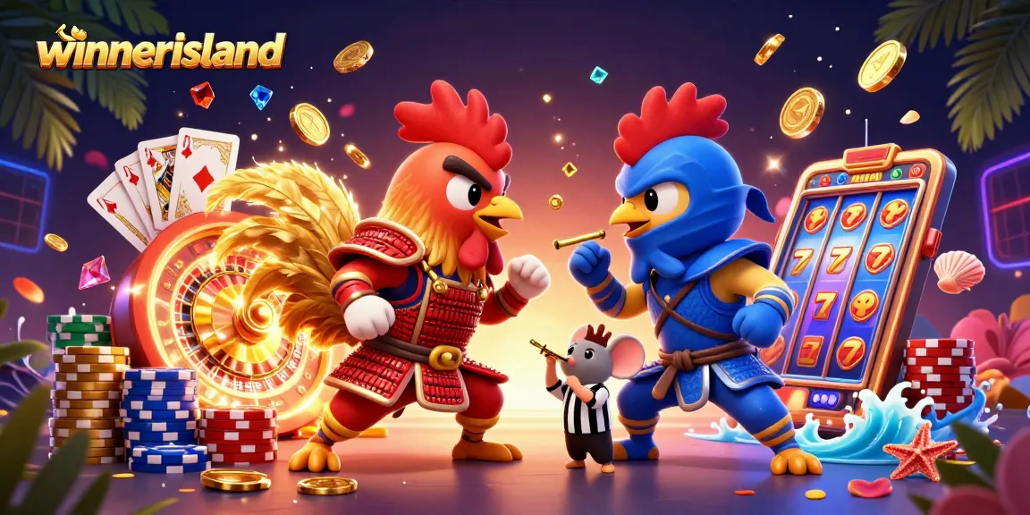 Experience thrilling gameplay at winnerisland as 3D fighting roosters battle amidst vibrant casino elements.