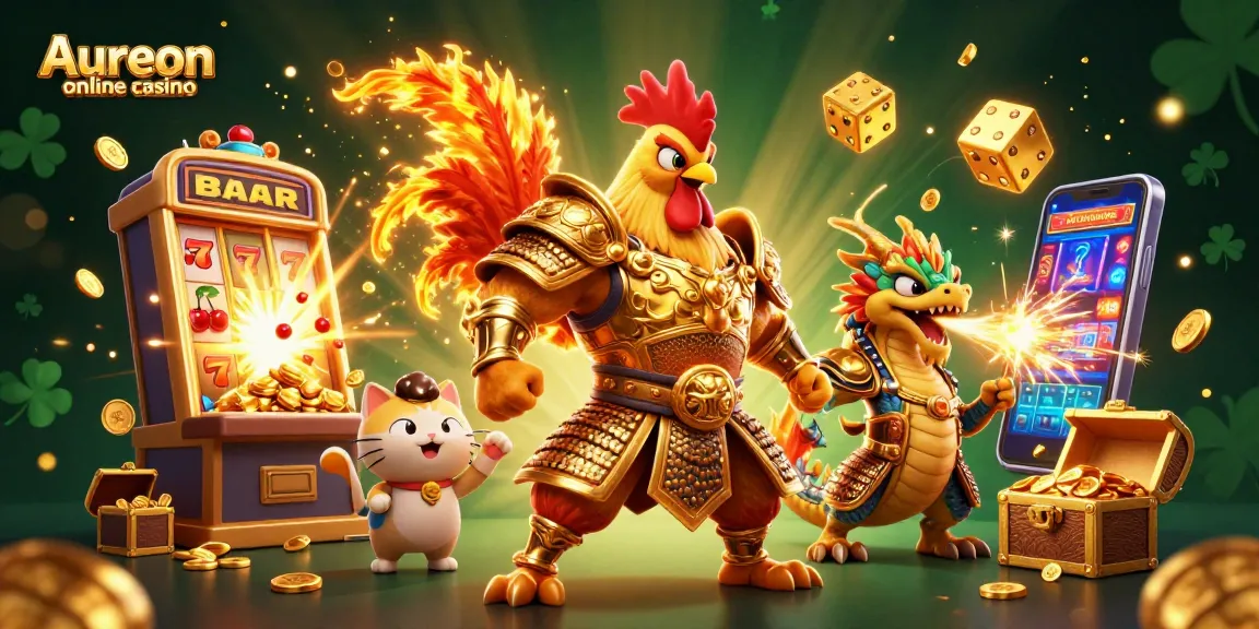 Aureon online casino showcases a dynamic 3D illustration with vibrant characters celebrating casino wins.