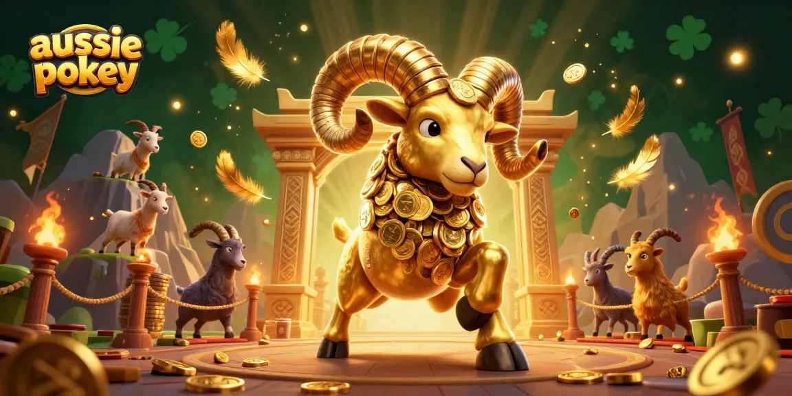 Aussie online pokies shine in a vibrant casino scene with golden ram and festive game symbols